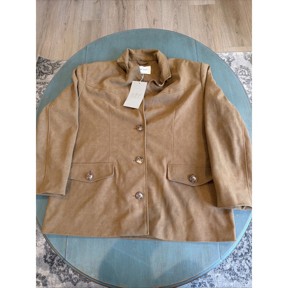 Stradivarius Faux Suede Western Jacket Camel Tan Button Front Women's Size L NWT